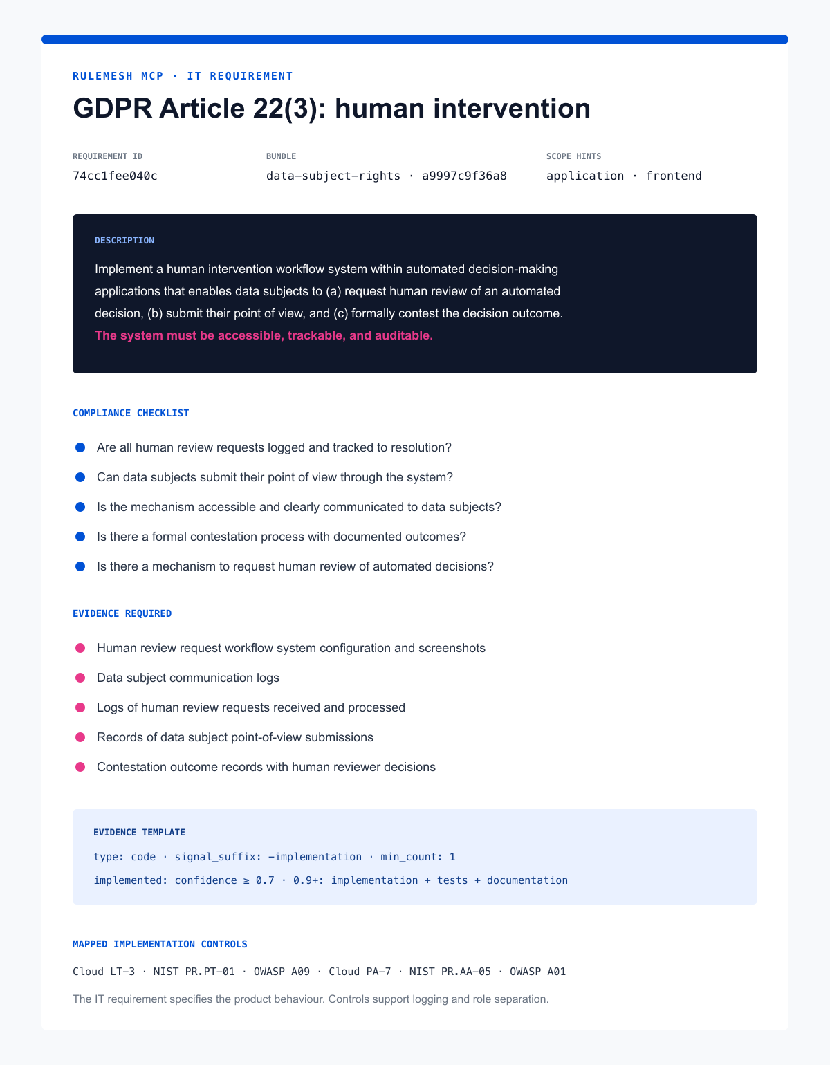 Selected fields from the RuleMesh MCP IT requirement for GDPR Article 22 paragraph 3. It shows the exact requirement text, requirement and bundle identifiers, application scope, checklist, required evidence, evidence-submission template and mapped implementation controls.