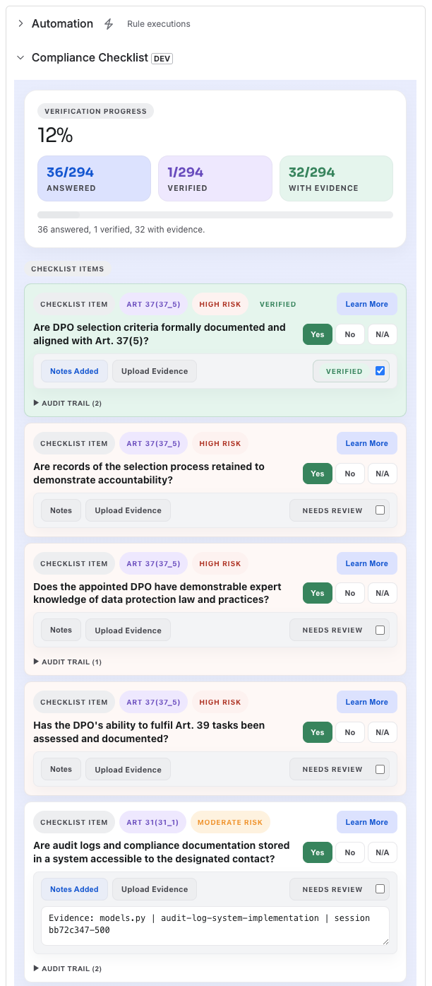 Compliance Checklist panel in the Jira issue sidebar showing verification progress and individual checklist items with Yes/No/N-A controls, evidence and audit trail